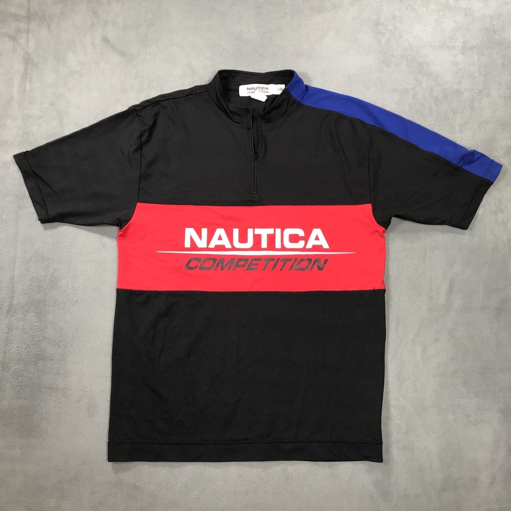 Nautica Competition Shirt Men's Large Black Red Performance 1/4 Zip Stretch Y2K